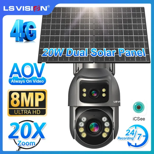 LS VISION 8MP 24時間録画 AOV 4Gソーラーカメラ デュアルスクリーン 屋外 20倍光学ズーム 50m検知距離 CCTVカメラ