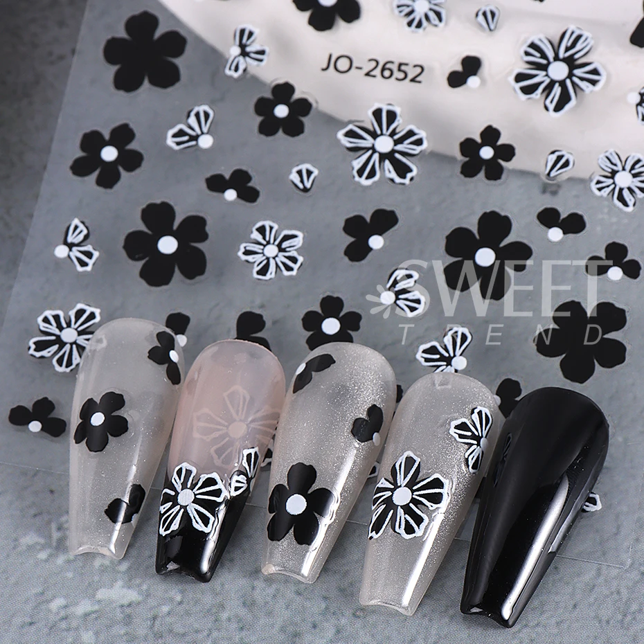 3D Black French Flower Nail Stickers Simple Gold Silver Petal Nail Decals Sliders For Autumn Nail Supplies Manicure Decoration