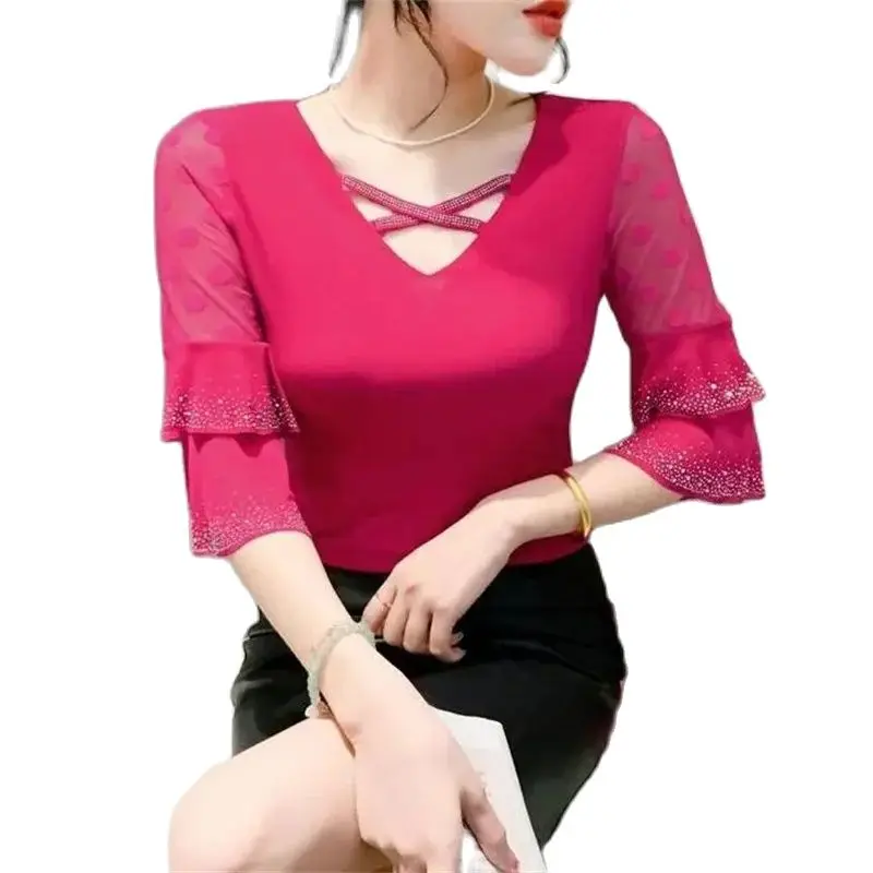 2024 Summer Dress Heavy Industry Hot Drilling T-shirt Women's  Shirt Joker Horn Sleeve Mesh Fashion Short Sleeve V-neck T-shirt