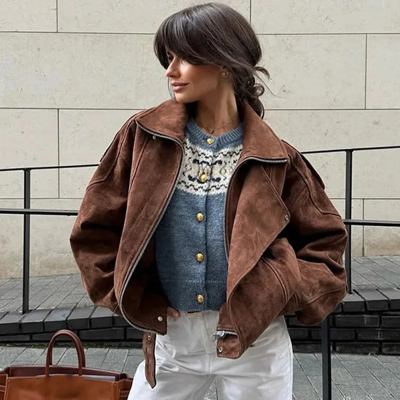 

2025 Spring Lady Vintage Female Outwear Street Women's Belt Short Suede Jackets Loose Lapel Long Sleeve Zipper Coats