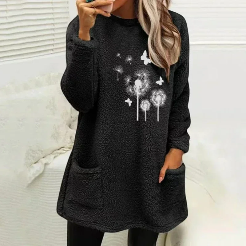 

Fashion Printed Fleece Sweatshirt Casual Long Sleeve Sweater Tops Tuni for Fall Winter Trendy Women's Clothing
