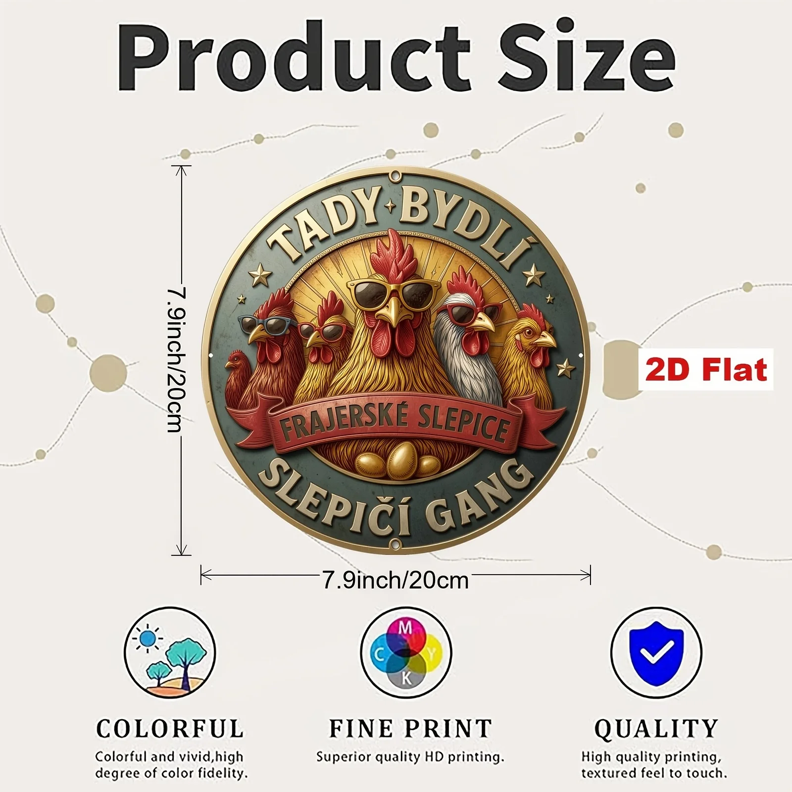 2D Flat 1pc Aluminum Sign, Retro Czech Funny Chicken Group Metal Sign, Decorated with Glasses Rooster And Hen Pattern, with Eggs
