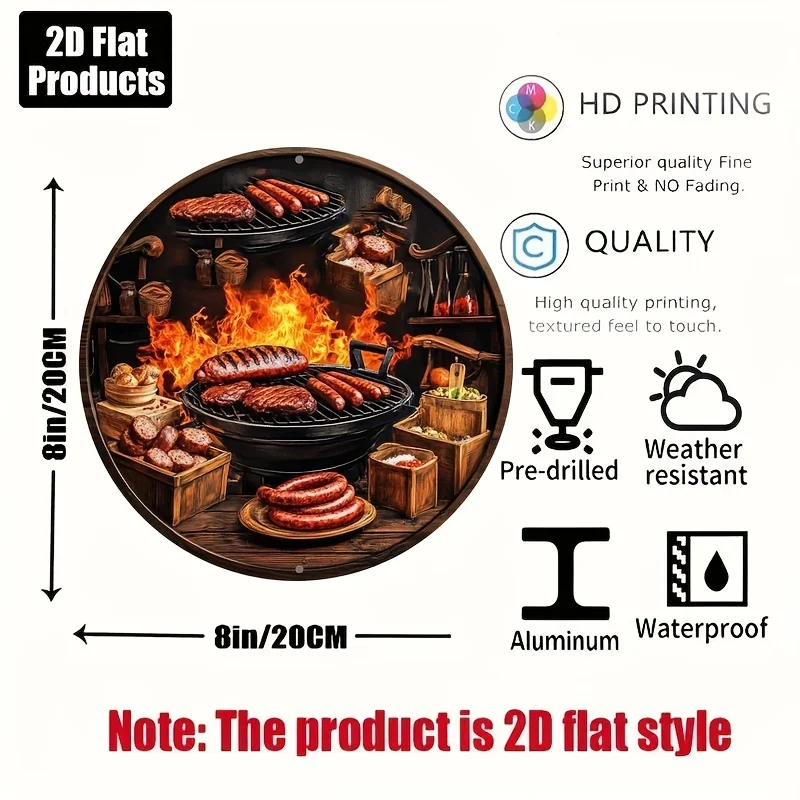 2D Flat, 1pc, Barbecue Theme, circular aluminum metal decorative signboards and plaques, home decoration, suitable for bar, kitc