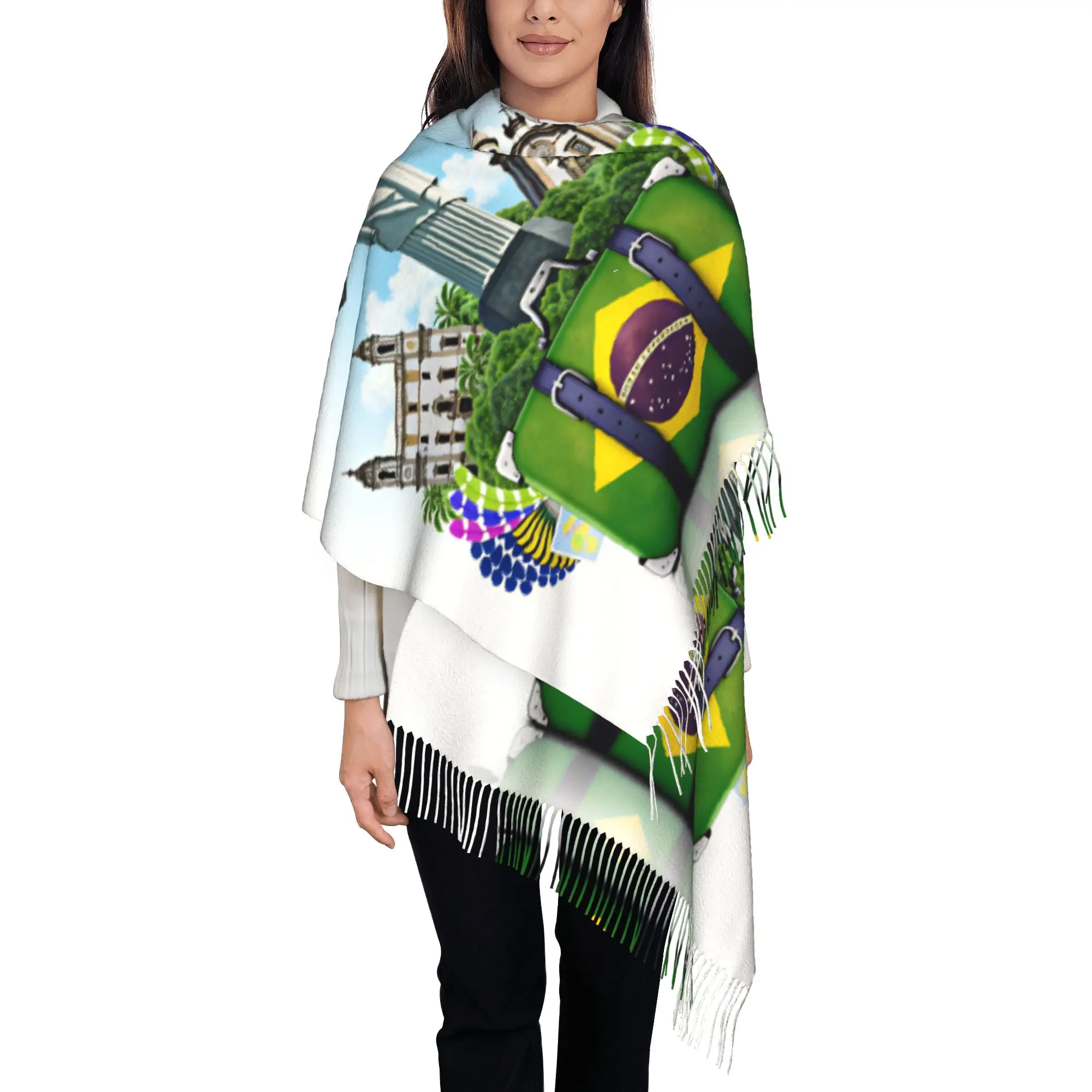 Custom Brazil Landmark Vintage Travel Suitcase Print Scarf Wrap Women Long Winter Fall Warm Tassel Shawl Unisex  Scarves