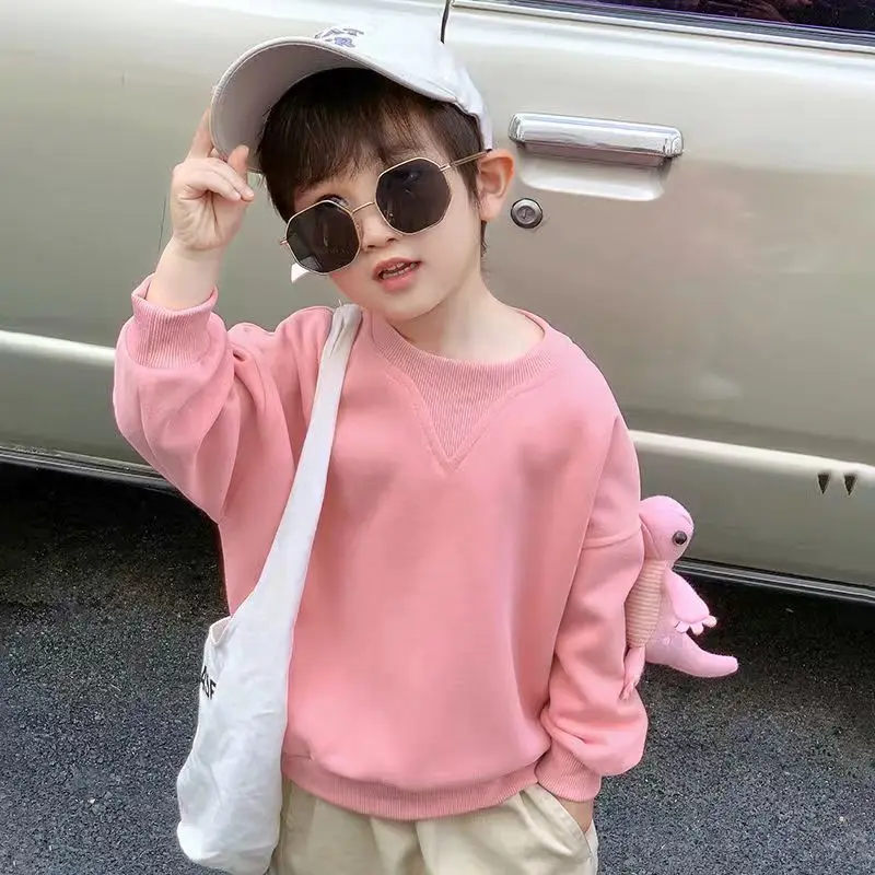 Children's Pink Blue T-shirt Boys 2026 Spring New Cool Top Girls Waffle Long Sleeved Sweatshirt+Dinosaur Spring Autumn Clothes