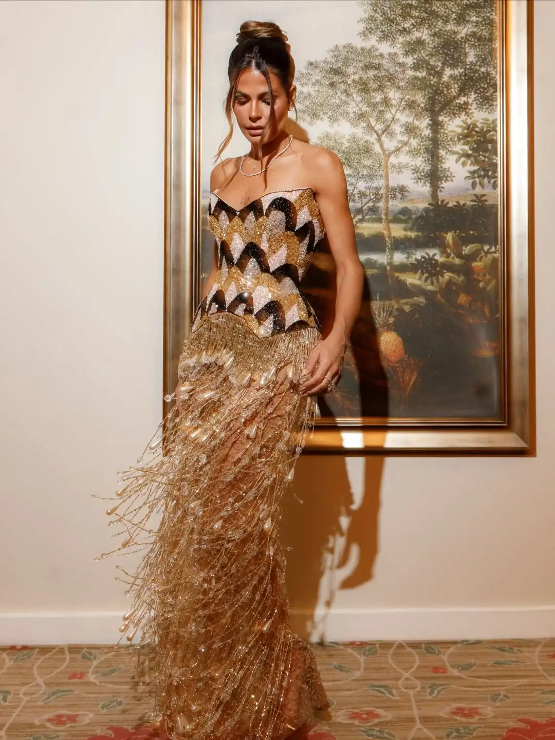 

Ofherown 2026 Luxury Strapless Bead Pearl Tassel Prom Gown Black Gold Sequin Evening Dress Women Backless Red Carpet Party Dress