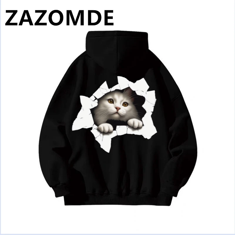 ZAZOMDE New Men Long Sleeve Hoodie Fashion Harajuku Oversized Sweatshirt Cat Print Pullover Hoody Men Pocket Tracksuit Hooded