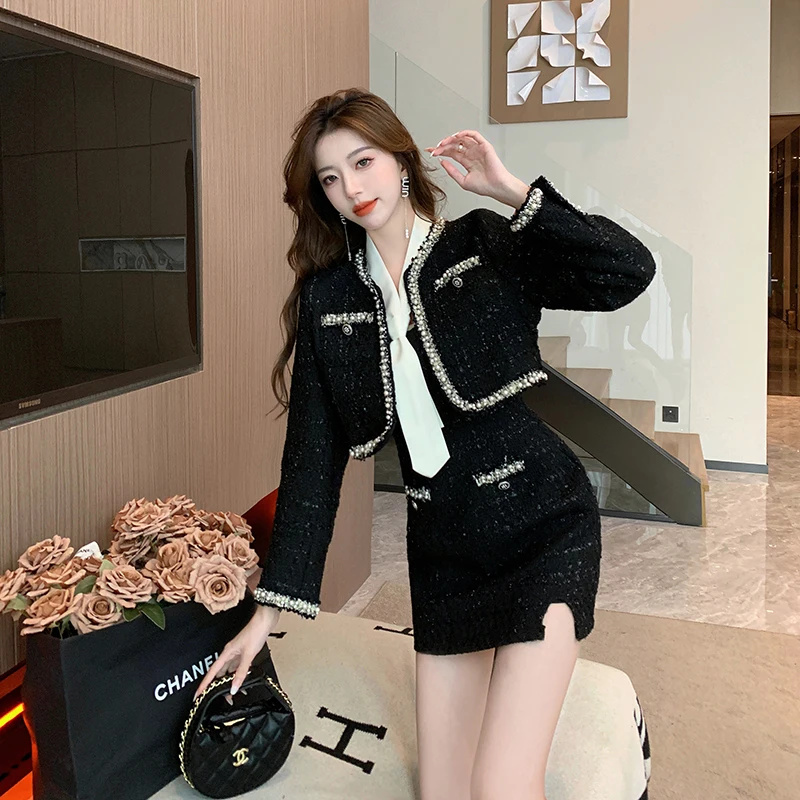 طقم تويد نسائي جديد لعام 2025 جاكيت أسود وفستان قصير مكون من قطعتين تنورة قصيرة بدلة أنيقة صغيرة موضة الخريف للسيدات #4