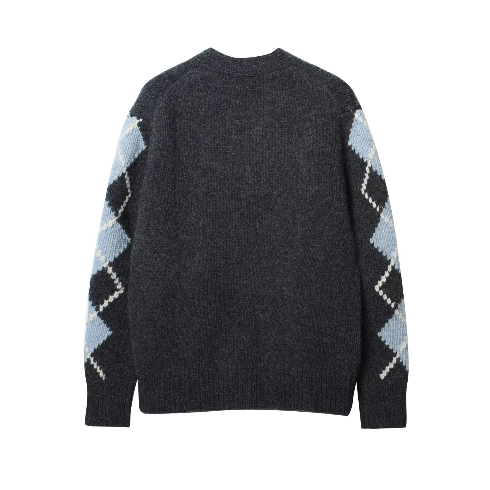 Contrast Color Black Blue Argyle Diamond Knit Cardigan V Neck Single Breasted Button Front Dual Pockets Loose Outerwear 260701 view 2