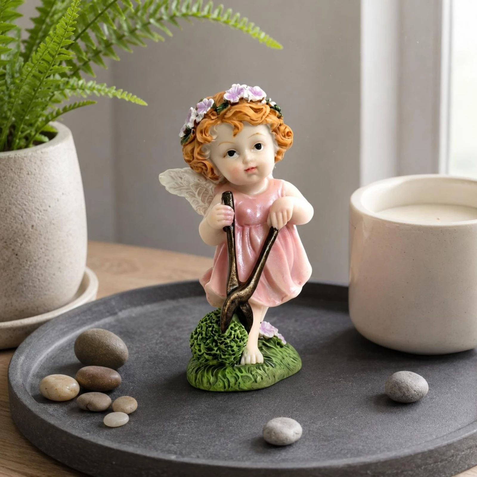 Garden Cherub Figurine Grass-Textured Base Resin Cherub Figurine Outdoor Decor Decorative Collectible for Miniature Landscape