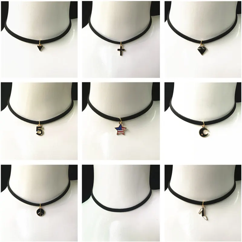 New Leather Necklace Short Gothic Cross Star Moon Triangle Necklace Tattoo Collares For Women Velvet Jewelry Clavicle Choker