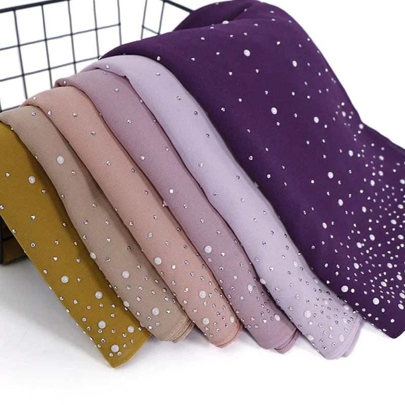 

New Plain Diamond Beads Bubble Chiffon Instant Hijab Shawls Solid Thick Head Wraps Foulard Sjaal Muslim Bonnet Cachecol 180*70cm