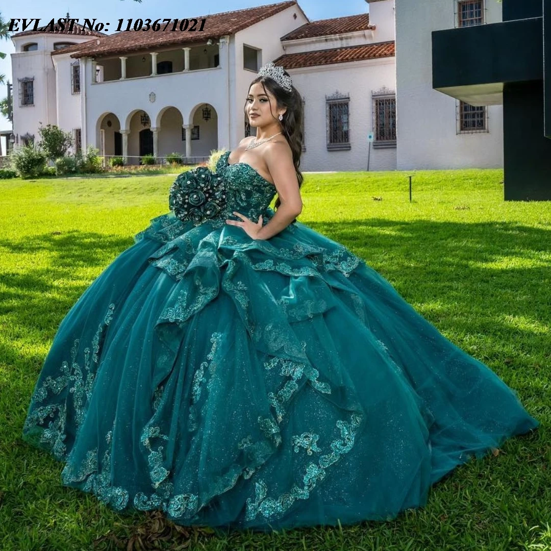 EVLAST Mexican Dark Green Quinceanera Dress Ball Gown Lace Applique Beaded Tiered Ruffles Corset Sweet 16 Vestidos De Anos SQ369