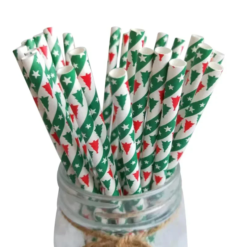 25 Pcs Christmas Series Disposable Paper Kraft Paper Quality Tube Creative Wedding Props Party Festival Banquet Paper Straw