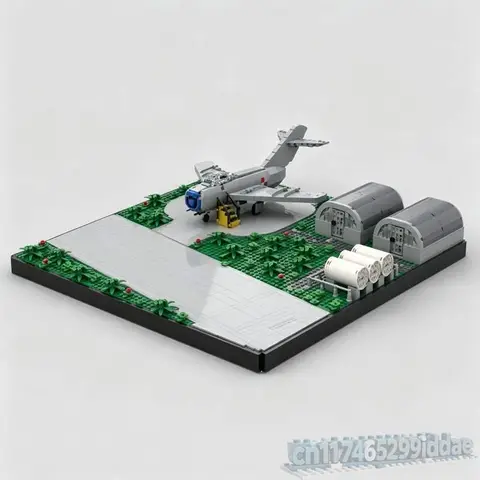 Airfield 1956 Vintage Airport Scene MOC Custom Building Blocks Model Assembly Aircraft Hangar Display Educational Festival Gift