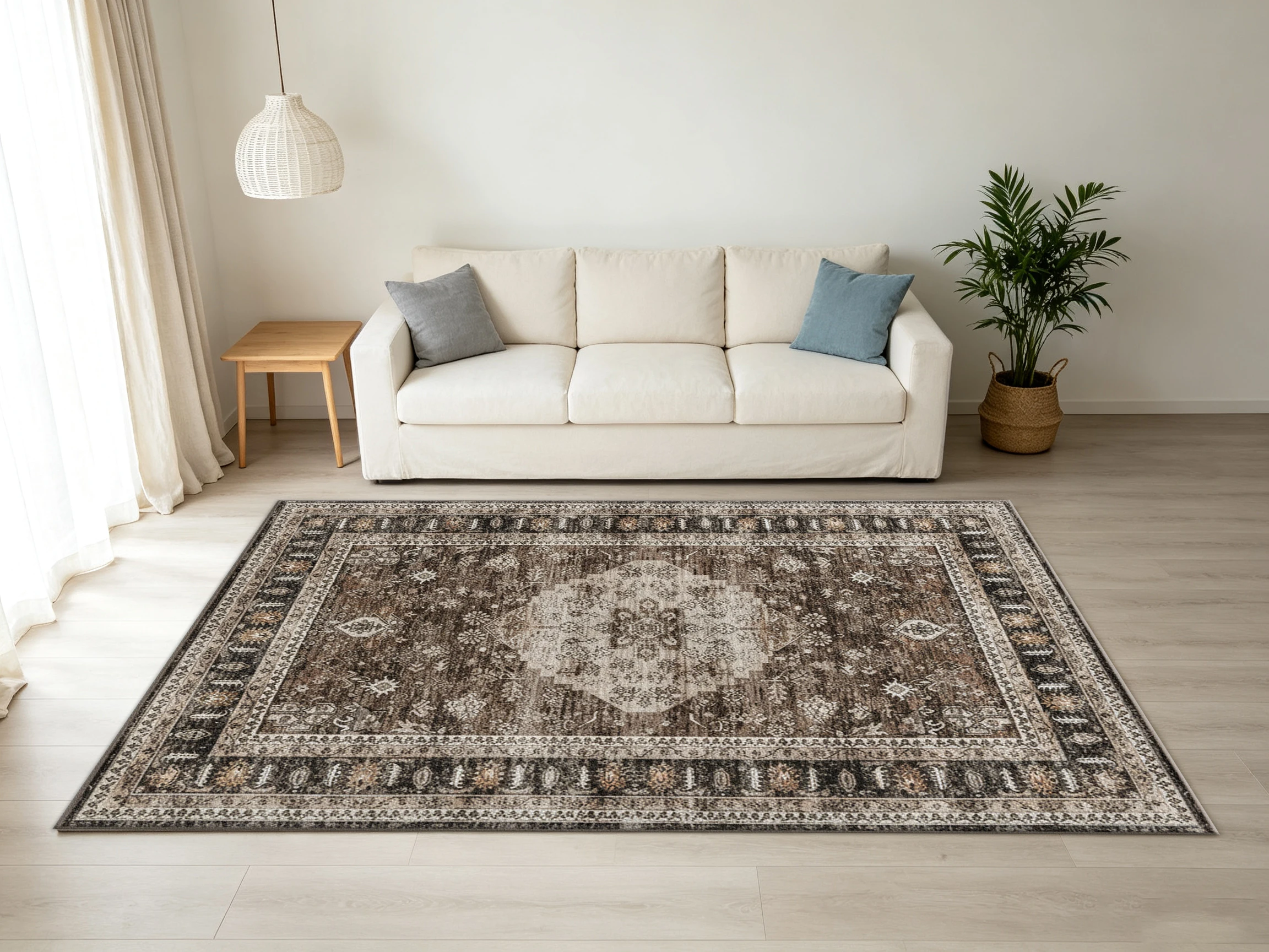 Antique Brown Distressed Medallion Square Carpet Flooring Vintage Oriental Rug for Indoor Home Living Room Decor