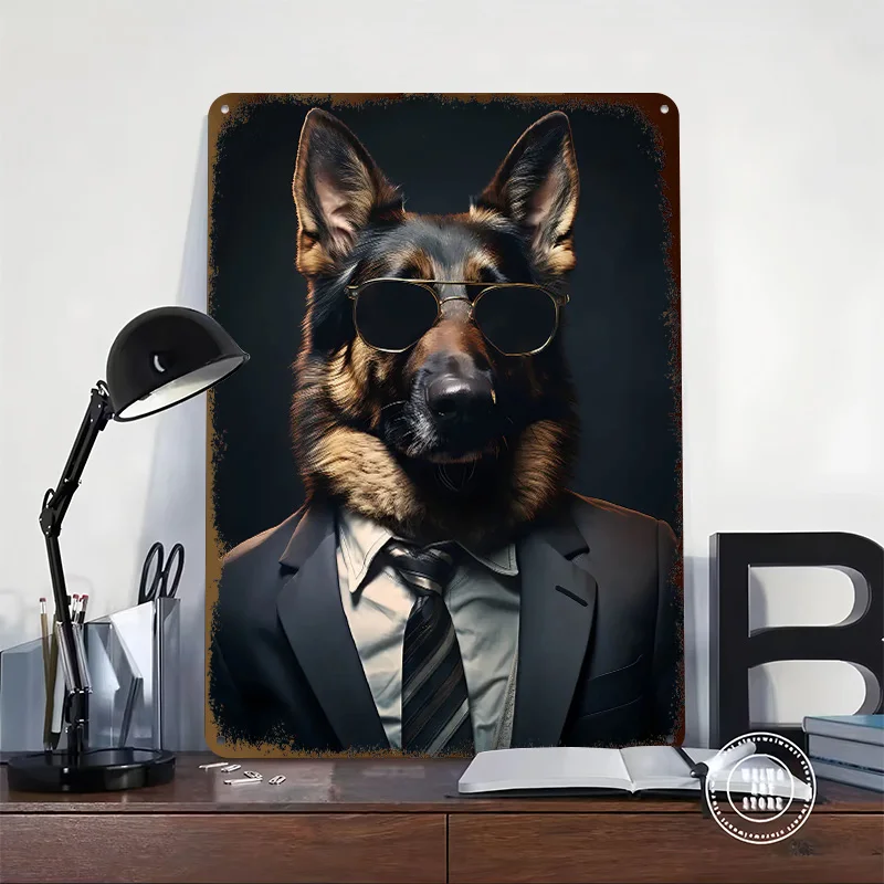 Gentleman German Shepherd Tinplate Poster Custom Wall Art Vintage Metal Signs Retro Tin Plaque for Home Decor Living Room House