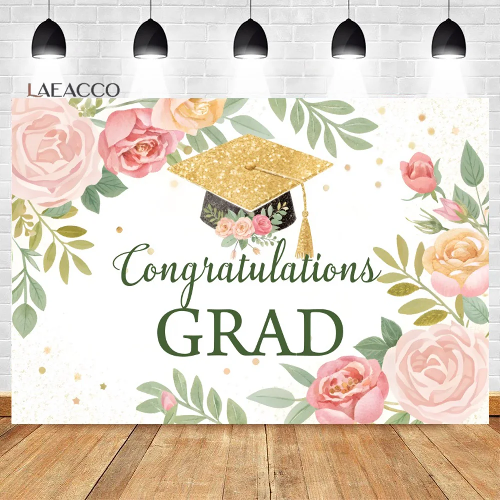 2025 Graduation Happy Photography Backdrop Gold Scholar Hat Pink Flower Small Fresh Style Party Decor Portrait Photo Background