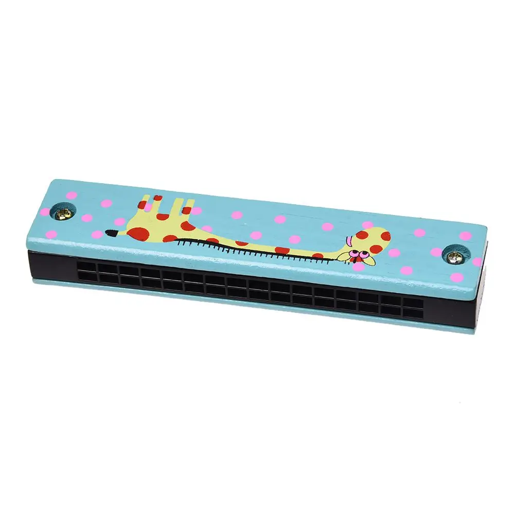 Wooden giraffe pattern dual series 32 hole harmonica child blue