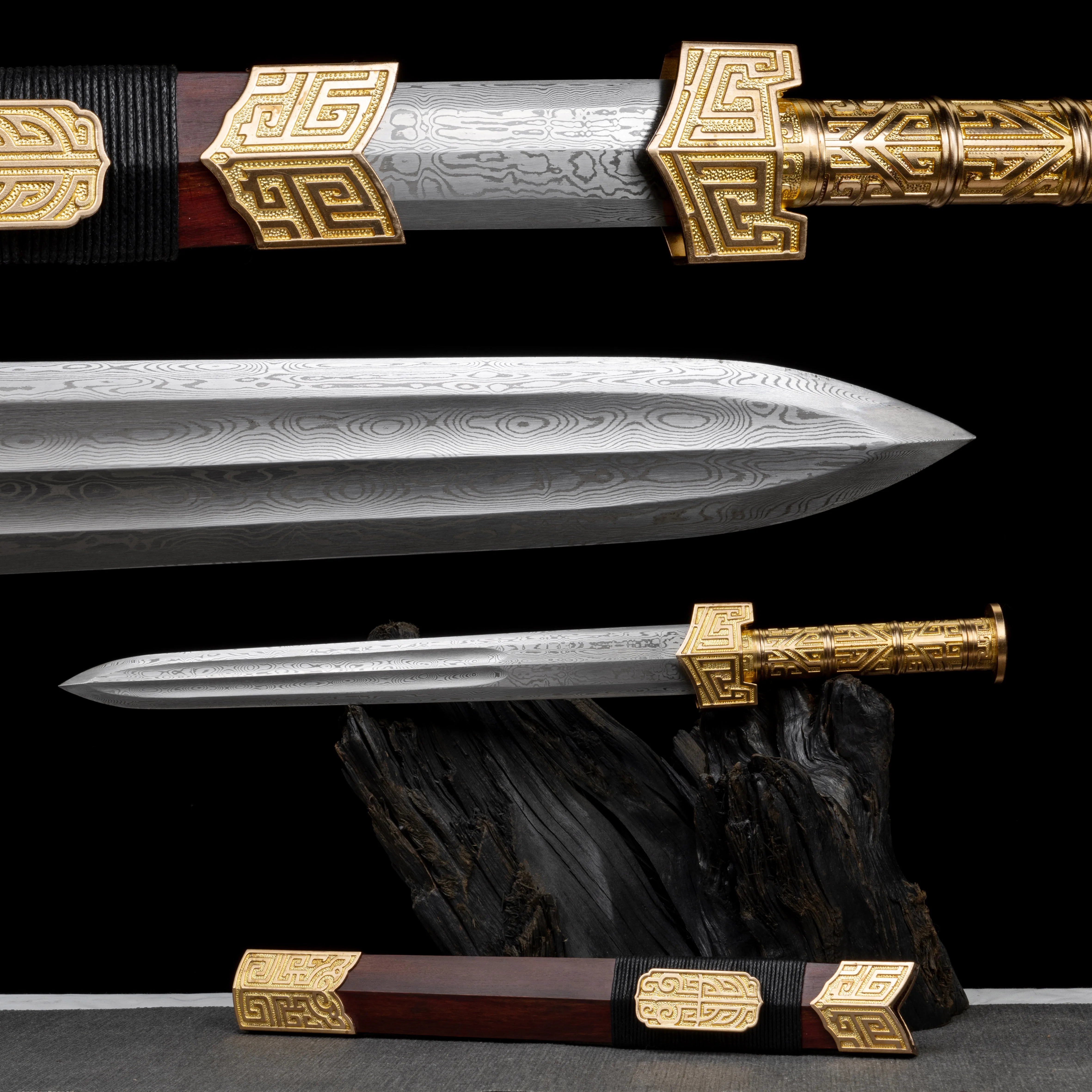 50cm Medieval guard short ninja samurai sword Damascus steel - Folded forged double half-blood slot blade - Sharp katana weapons