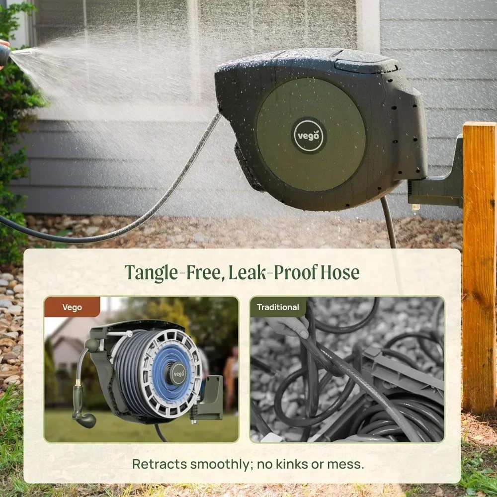 

Garden Hose Reel Retractable Hi-Flow x 100ft Wall Mounted Hose Reel Automatic Rewind, Any Length Lock with 9 Patterns Sprayer N