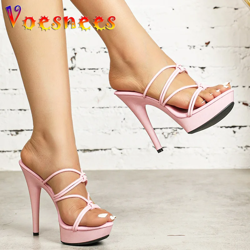 Pantoufles d\'été à talons hauts et bande étroite pour femmes, sandales d\'extérieur de styliste, chaussures de fête, grande taille, 13CM