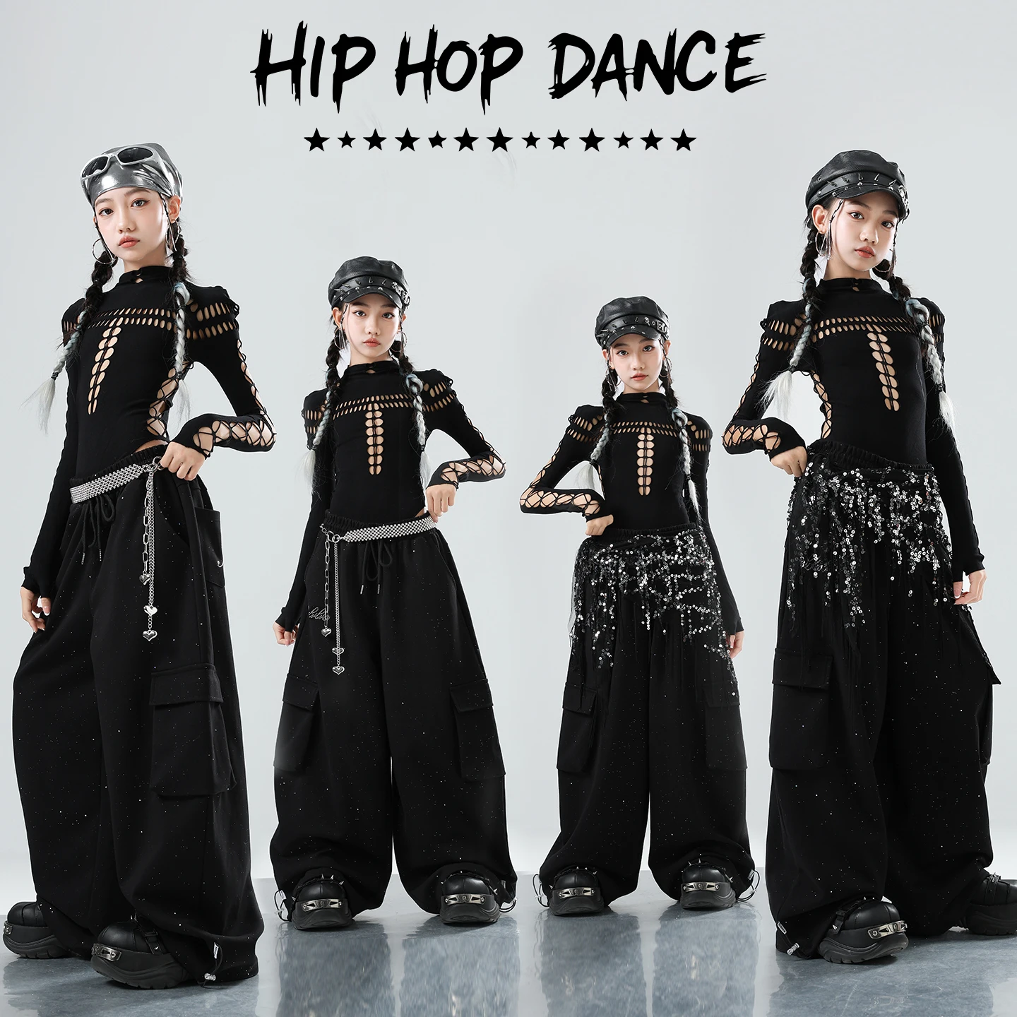 2025 Girls Jazz Dance Costume Hollow Out Tops Baggy Pants Black Suit Long Sleeves Hip Hop Outfits Sage Performance Wear BL17830