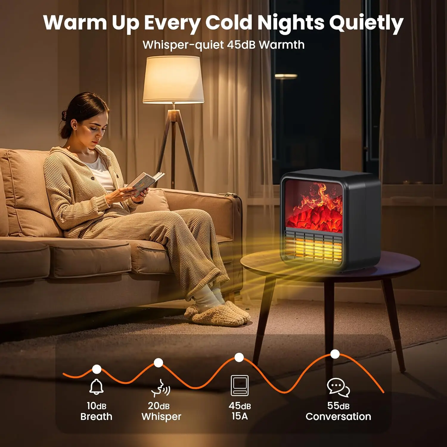 سخان مدفأة داخلي صغير مع لهب ثلاثي الأبعاد، تسخين PTC بقدرة 1500 وات/750 وات، ترموستات وأمان للطرف، أسود #4