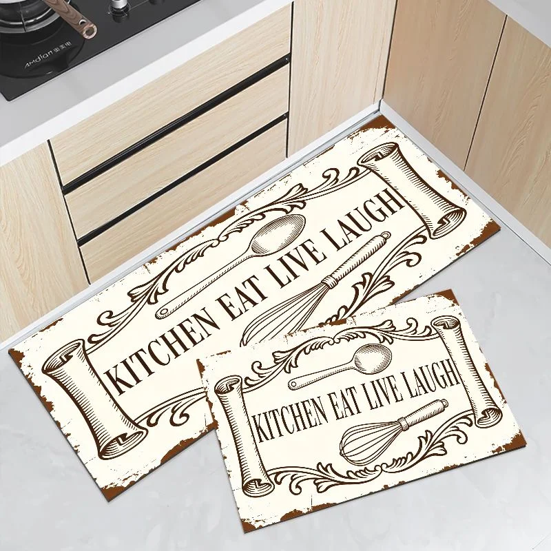 VIKAMA European Retro Scroll Kitchen Utensil Mat Waterproof Non Slip Runner Rug Eat Live Laugh Farmhouse Kitchen Decor Rug