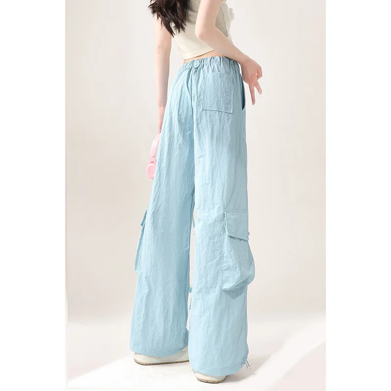 Ice Silk Quick Drying Work Pants For Women 2024 Summer Thin Design Bow Tie Strap Paratrooper Pants Straight Leg Casual Pants