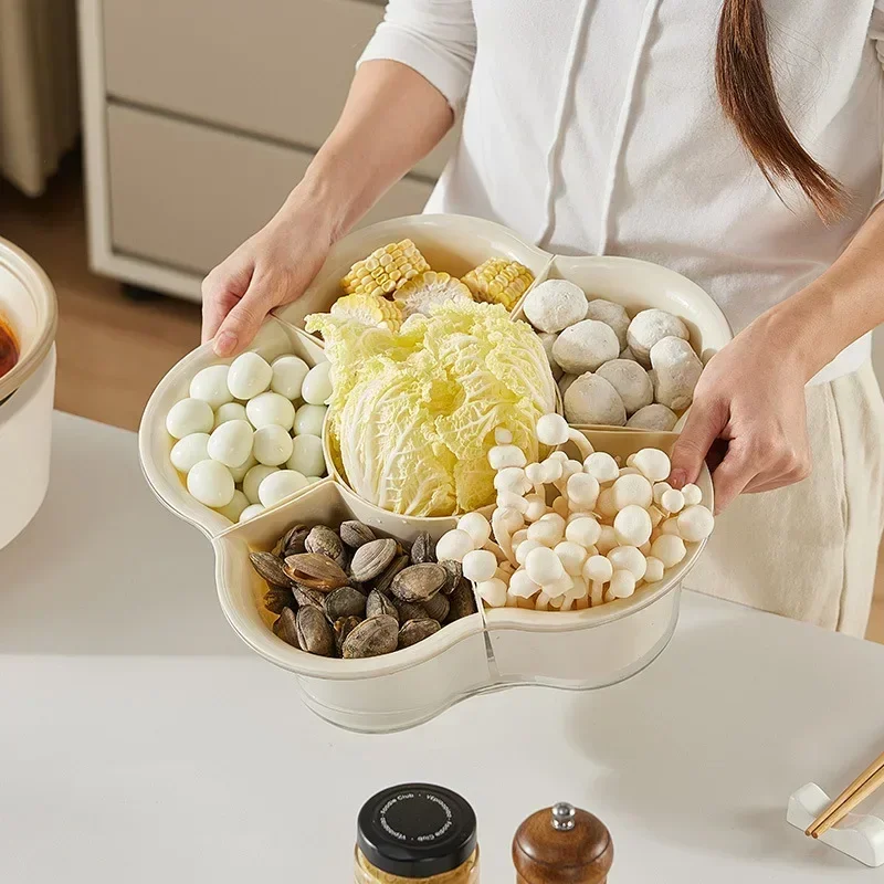 6-cell Flowers Shape Rotatable Home Hot Pot Raw Food Basket Drain Design Vegetable Temporary Storage Dish Cooking Soup Supplies