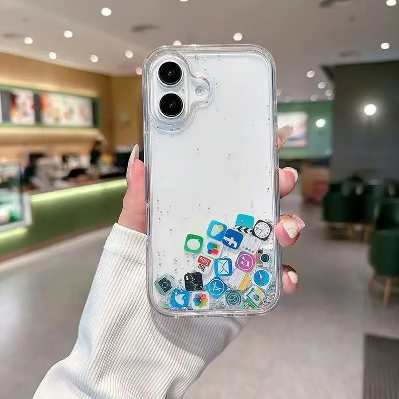 Dynamic Liquid Quicksand Cover for iPhone 17 16 15 13 12 11 Pro Max 14 15 16 Plus XS Lns Cute Apps Icon Case Accessories Shell
