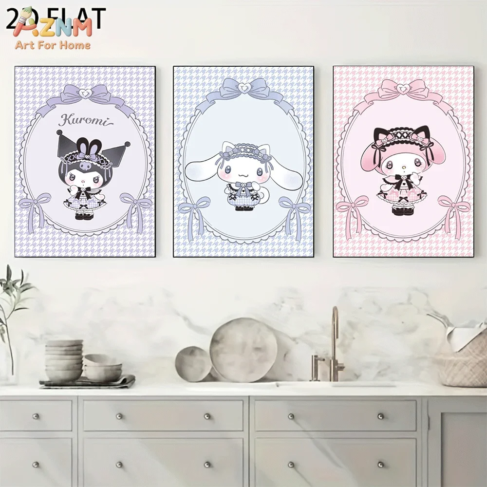 AZNM Kuromi Cinnamoroll My Melody Frameless Canvas Wall Art, Houndstooth Bow Lace Cartoon Poster, Pastel Cute Kawaii Aesthetic H