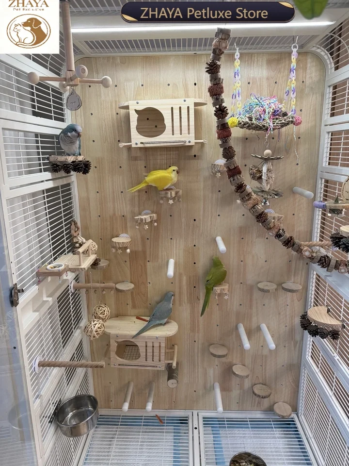 ZHAYA Large Wooden Parrot Bird Cage Villa Square Design with Upper Lower Partition Spacious Movable Stand Solid Wood House