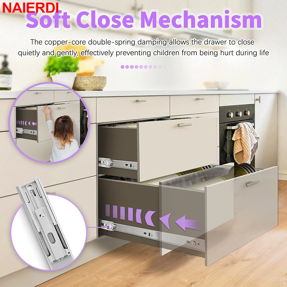 NAIERDI 10‑22 Inch Stainless Steel Drawer Slides Full Extension Ball Bearing Cabinet Rails Heavy Duty Drawer Slide Hardware