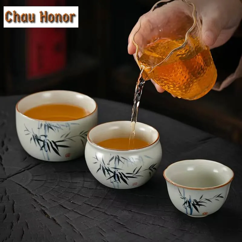 

New Chinese-style Ru Kiln Antique Tea Cup Ceramic Kung Fu Tea Set Single Cup Hand-inlaid Silver Cup Can Grow Split Tea Cup Gifts