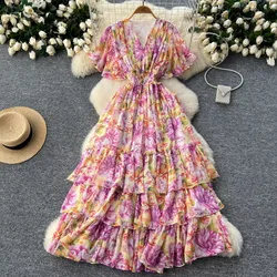 Retro V Neck Butterfly Sleeves Print Chiffon Elegant Summer Dresses A-line Flare Sleeve Vacation Print Women Vestidos Clothing