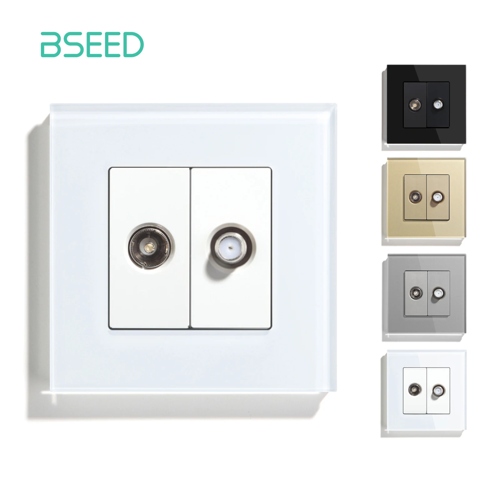 BSEED TV Wall Power Socket Satellite Wall Socket Outlets Tempered Glass Panel White Black Gold