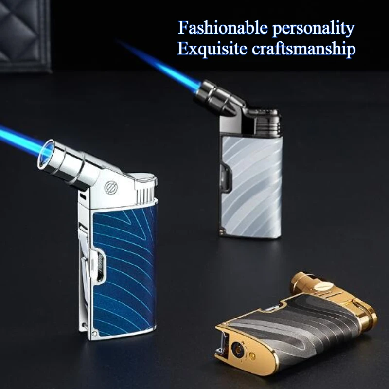 Multi Functional Metal Straight Jet Blue Flame Gas Lighter With Bottle Opener And Nail Clipper Portable Windproof Cigar Lighter