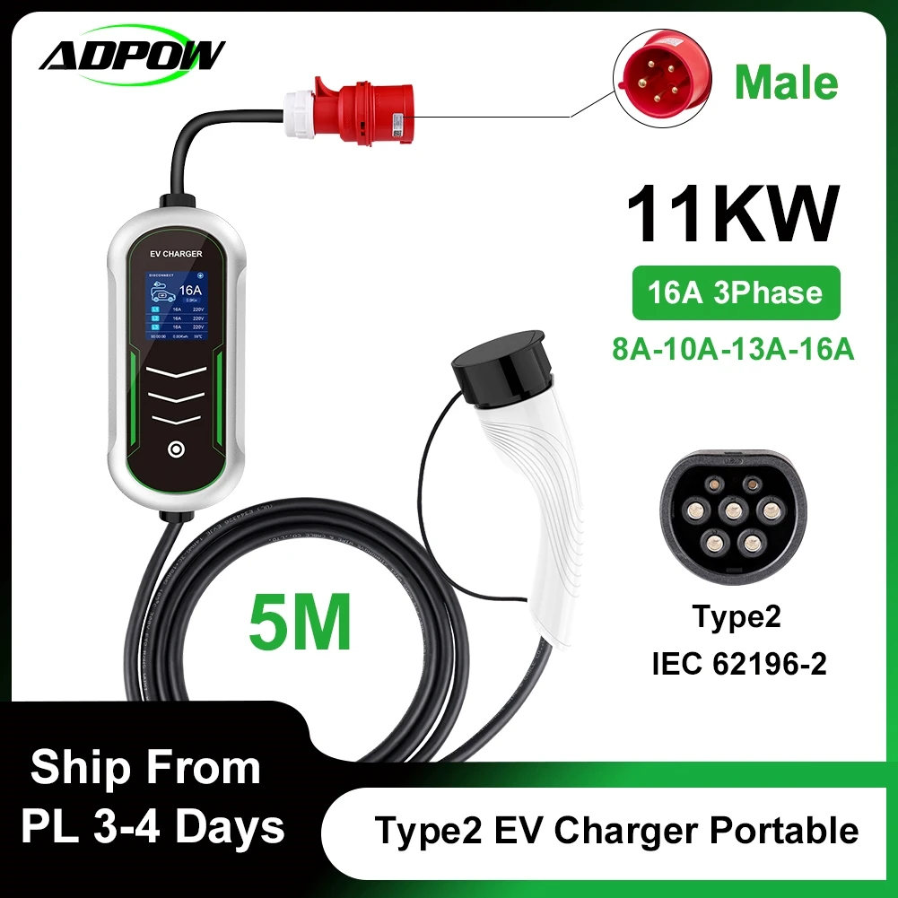 ADPOW 11KW Type2 Portable EV Charger 5M Cable Current Adjustable 16A 3Phase IEC 62196-2 EVSE Charging CEE Plug IP65 Waterproof