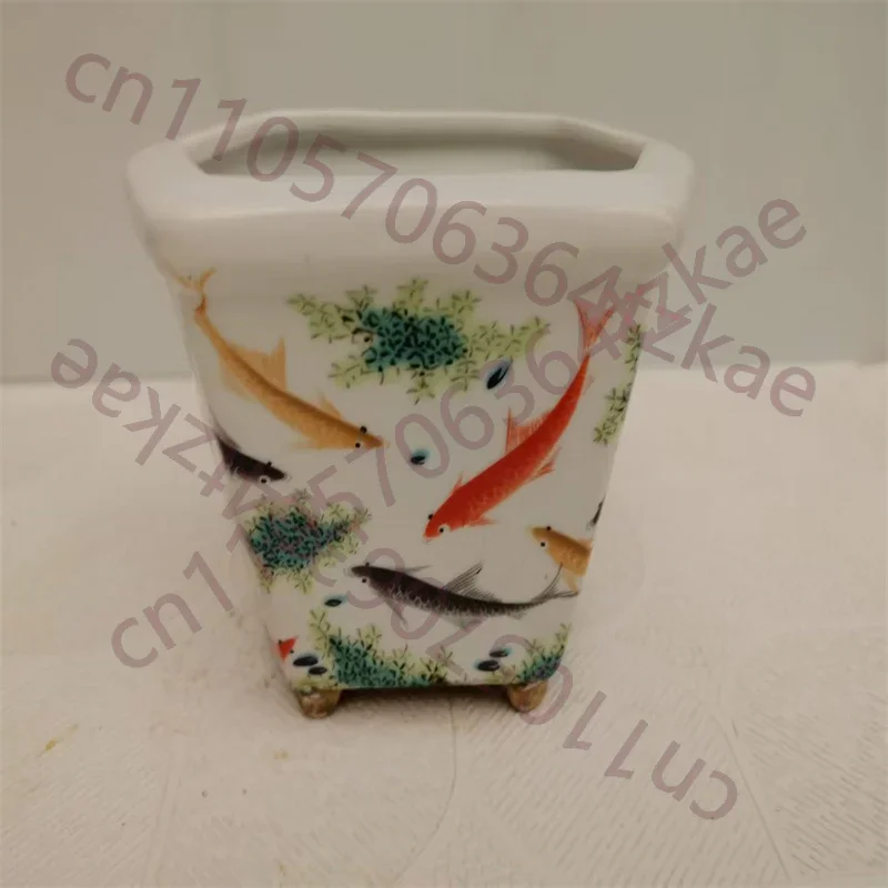 Traditional Chinese Porcelain Hexagonal Flower Pot Pink Fish Pattern Decorative Planter for Home Garden