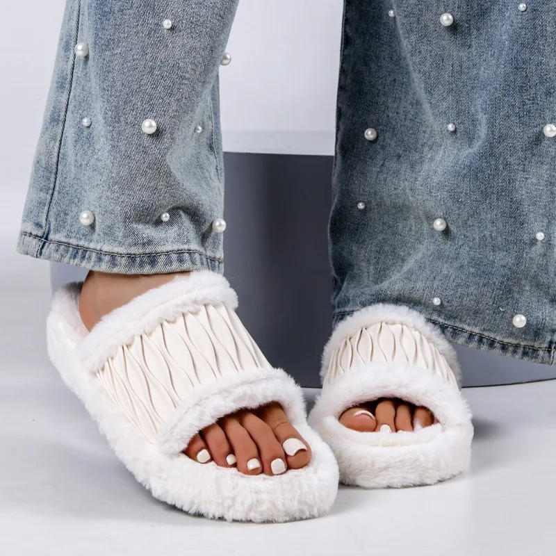 Women Corduroy Cross Strap Home Slippers Men Soft Warm Flat Slides Family Indoor Fashion Concise Plush Sandals for Four Seasons - view 3