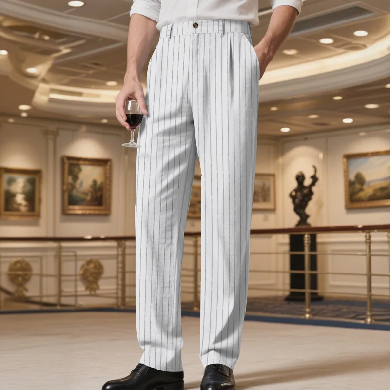 

European American Spring Autumn Linen Men's Casual Pants Loose Breathable and Simple Striped Straight Suit Trousers