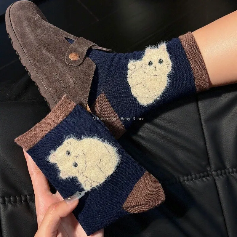 Winter Plush Little Cat Pattern Socks Warm Cute Animal Design Flocked Socks Kawaii Women Autumn Cotton Mid Tube Stockings