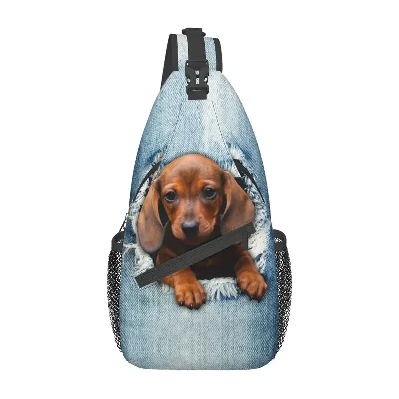 

Dachshund Dog Torn Jean Sling Crossbody Chest Bag Men Fashion Wiener Badger Sausage Dog Shoulder Backpack for Traveling