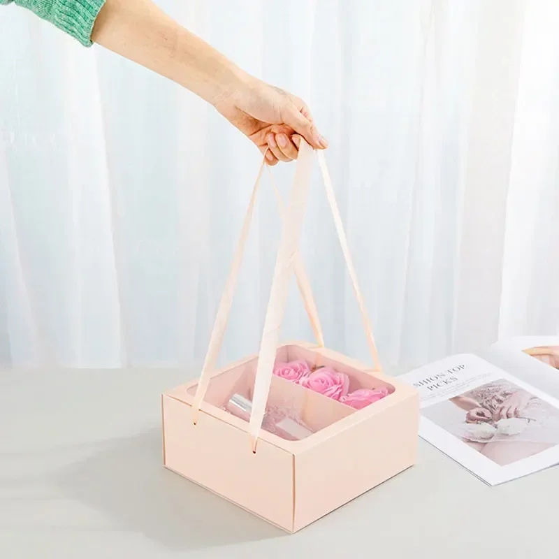 Square Gift Box with Handle Transparent PVC Window Rose Candy Dessert Valentine\'s Day Memorial Day Gift Packaging Box Pink/Black