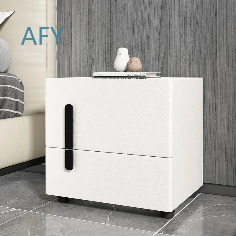 Italian Luxury Style Bedside Table with Dual Drawers Solid Wood Minimalist Leather and Stone Slab Nightstand for Modern
