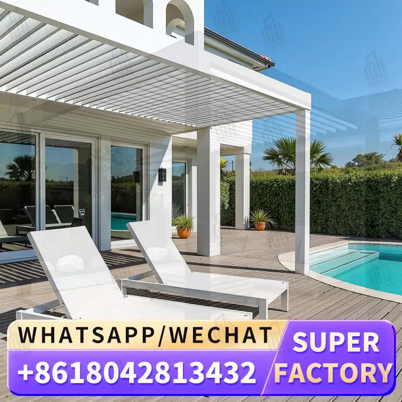 

Easily Assembled Motorized Opening Canopy Louvered Structure with Side Sun Screen for Gardens Patios Backyards pergola