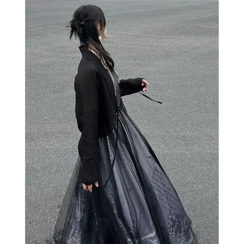 2024 Sommer verbessert chinesische traditionelle schwarz bedruckte Hanfu Kleid zweiteilige Set Frauen Gothic moderne Halloween Cosplay Kostüm