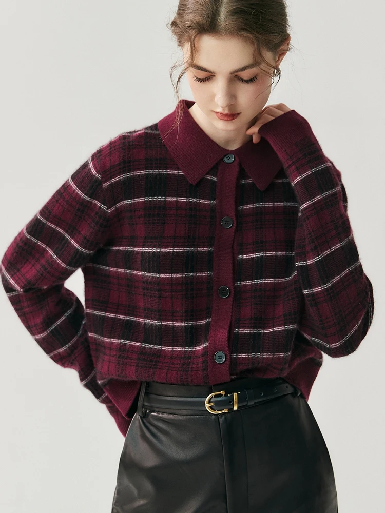 Women's Polo Collar Cardigan 100% Cashmere Sweater Color Blocked Plaid Knitwear Autumn Winter Loose Classic Tops Short Clothing